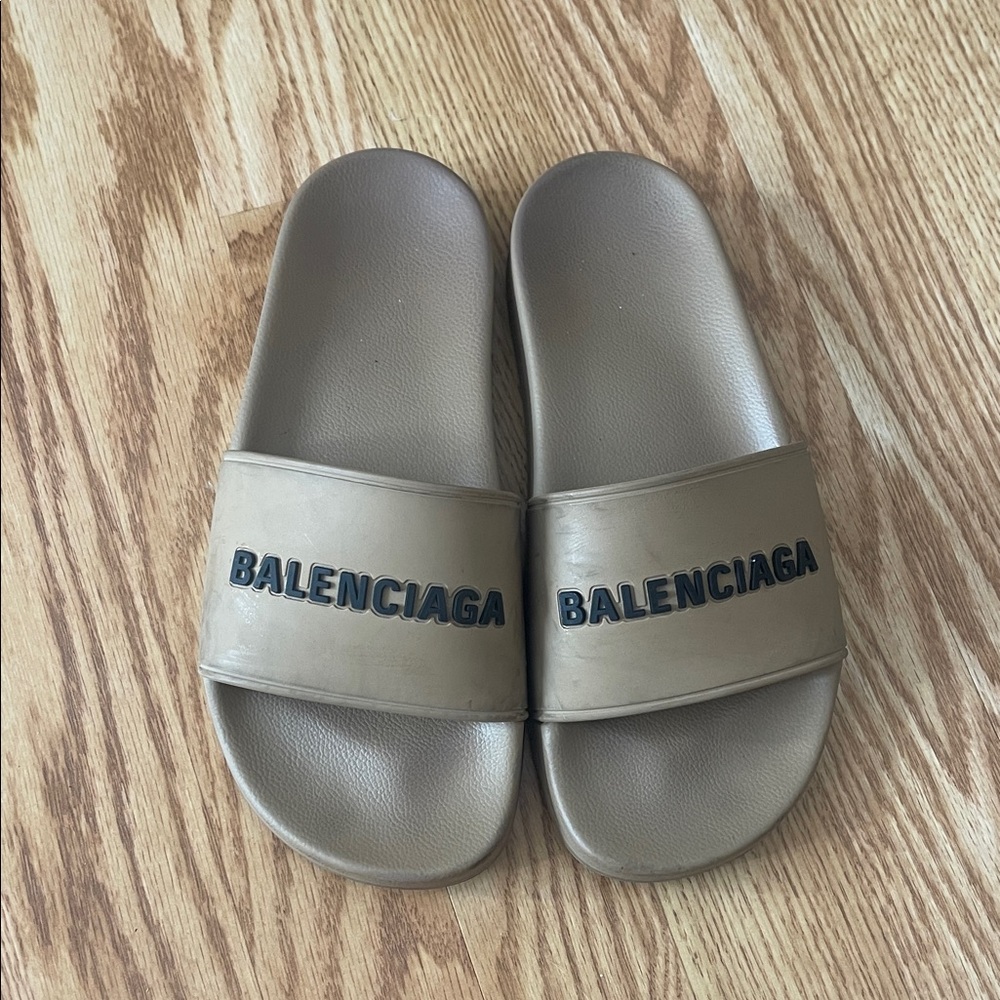 Balenciaga Beige Slides with Black Logo
